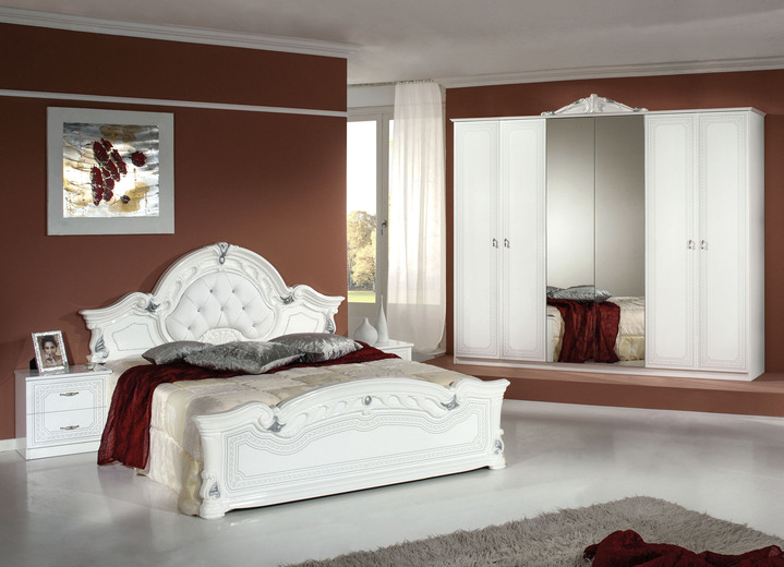 - Schlafzimmer-Set, 4-teilig, mit Hochglanz-Oberfläche, in Farbe WEISS-SILBER, in Ausführung Set mit 6-türigem Kleiderschrank