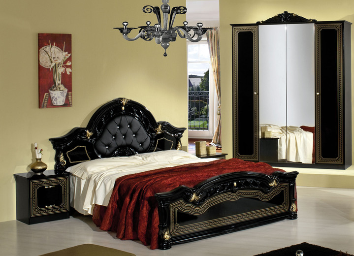 Bettgestelle - Schlafzimmer-Set, 4-teilig, mit Hochglanz-Oberfläche, in Farbe SCHWARZ-GOLD, in Ausführung Set mit 4-türigem Kleiderschrank Ansicht 1