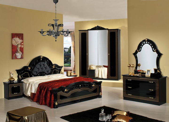- Schlafzimmerprogramm mit lackierter Hochglanz-Oberfläche, in Farbe SCHWARZ-GOLD, in Ausführung Kommode mit Spiegel Ansicht 1