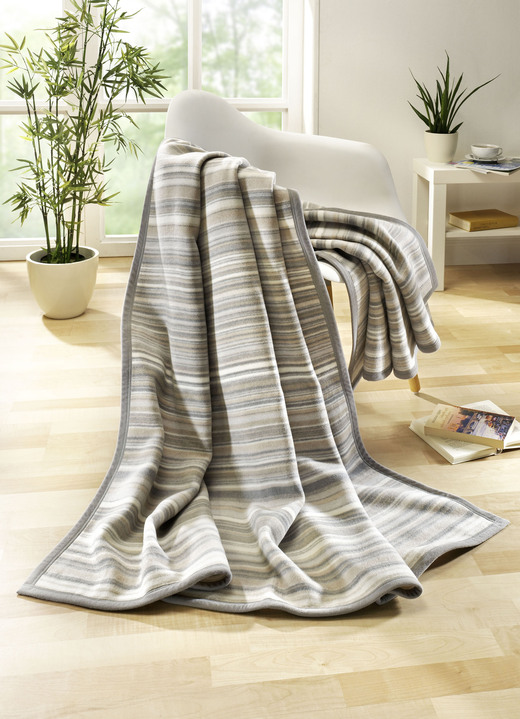 Decken - Schlafdecke mit Veloursbandeinfassung von Borbo, in Farbe BEIGE-SILBER, in Ausführung Streifen
