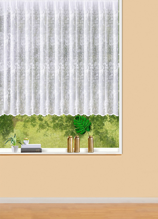 Klassisch - Toller Blumenfenster-Store mit Universalschienenband , in Größe 143 (H125xB450 cm) bis 174 (H160xB600 cm), in Farbe WEIß Ansicht 1