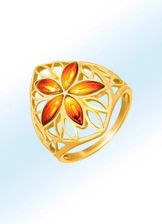 Ringe - Durchbrochener Damenring im Blumen-Design mit Bernstein, in Größe 160 bis 220, in Farbe