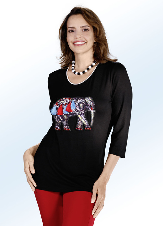 3/4-Arm - Shirt mit dekorativer Elefanten-Applikation, in Größe 036 bis 052, in Farbe SCHWARZ