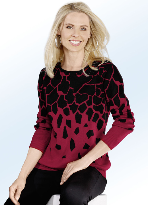 Langarm - Pullover in Jacquard-Dessin, in Größe 036 bis 052, in Farbe ROT-SCHWARZ