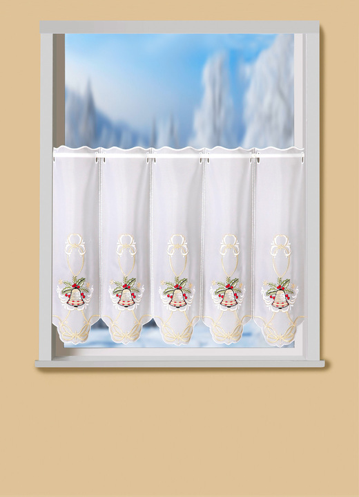 Kurzgardinen - Kurzstore mit Stangendurchzug, in Größe 661 (H30xB 95 cm) bis 876 (H50xB160 cm), in Farbe WEISS-BUNT Ansicht 1