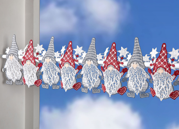 Kurzgardinen - Stangendekoration aus echter Plauener Spitze, in Größe 634 (H14xB 49 cm) bis 661 (H14xB103 cm), in Farbe WEISS-GRAU-ROT