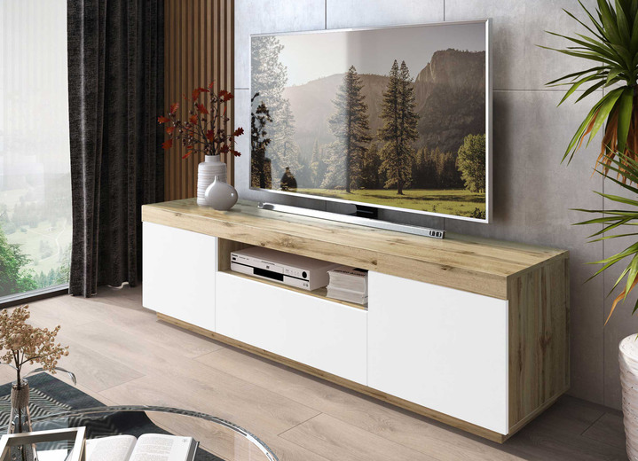 TV- & Hifi-Möbel - Modernes TV-Longboard mit Push-to-open-System, in Farbe EICHE-WEIß Ansicht 1