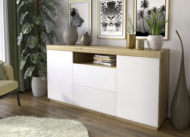 Sideboards - Modernes Sideboard mit Push-to-open-System, in Farbe WOTAN EICHE-WEISS