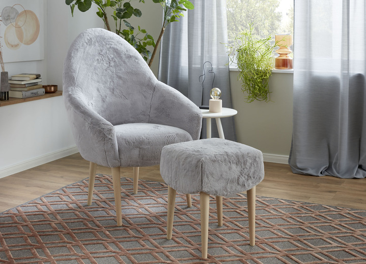 Sessel - Sessel mit Hocker mit flauschigem Stoffbezug, in Farbe GRAU