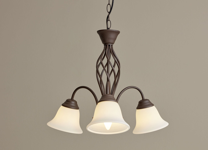 Deckenlampe - Lampenserie aus Metall mit Glasschirmen, in Farbe ROST, in Ausführung Pendelleuchte, 3-flammig Ansicht 1