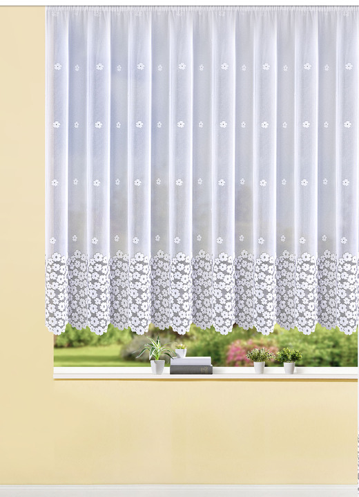 Klassisch - Halbtransparenter Blumenfensterstore mit Blümchen-Motiv, in Größe 136 (100x300 cm) bis 165 (145x600 cm), in Farbe WEIß Ansicht 1