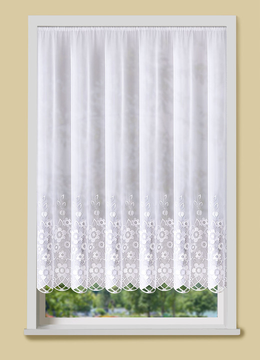 Klassisch - Blumenfenster-Store mit echter Plauener Stickerei, in Größe 140 (H125xB300 cm) bis 181 (H175xB600 cm), in Farbe WEIß Ansicht 1
