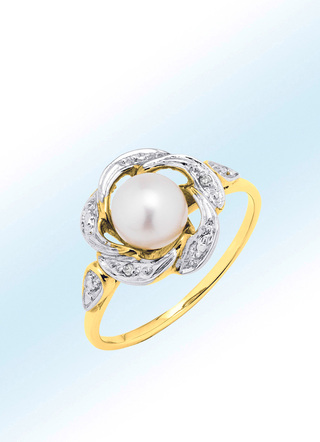 Damenring mit Süßwasser-Zuchtperle und Diamanten