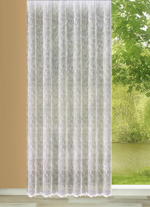 Klassisch - Jacquard-Store mit gebogten Abschlüssen, in Größe 145 (H125xB600 cm) bis 163 (H145xB450 cm), in Farbe WEISS Ansicht 1