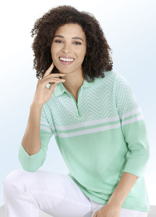 - Pullover mit Zacken- und Streifenmuster, in Größe 038 bis 052, in Farbe PISTAZIE-WEISS