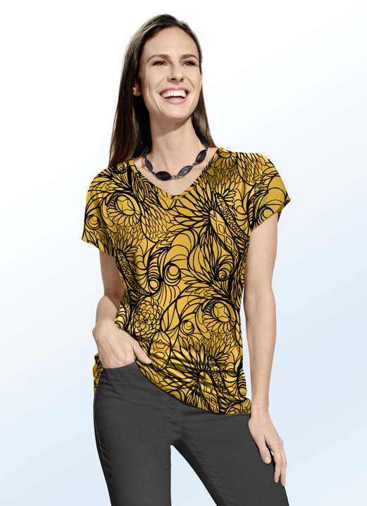 - Shirt mit leicht abgerundetem Saumabschluss, in Größe 038 bis 054, in Farbe SONNENGELB-SCHWARZ