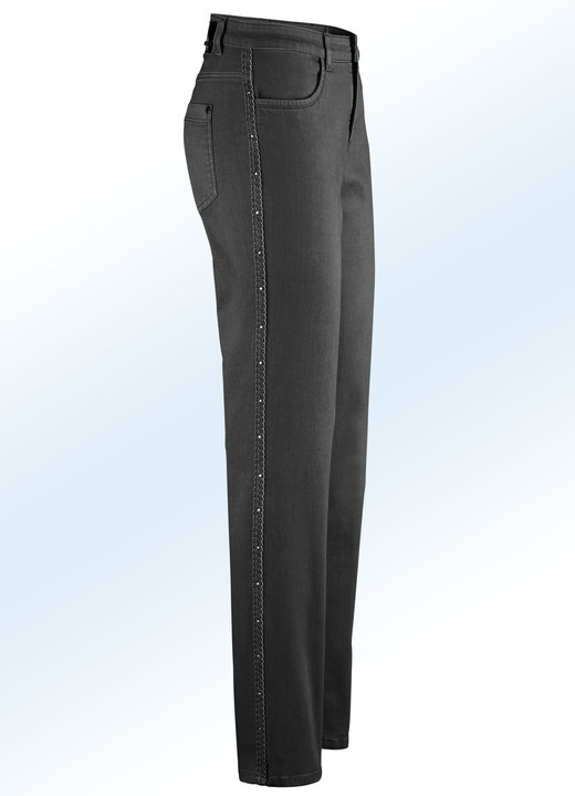 Hosen mit Knopf- und Reissverschluss - Edel-Jeans mit Zierband und Strasssteinen, in Größe 017 bis 235, in Farbe SCHWARZ Ansicht 1