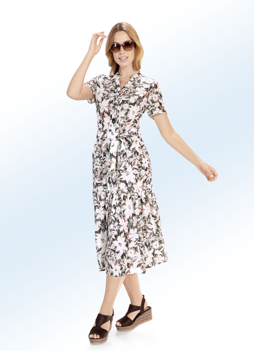 Kleider - Kleid mit Bindegürtel und Schmuckknopfleiste, in Größe 036 bis 052, in Farbe ECRU-BRAUN-BUNT
