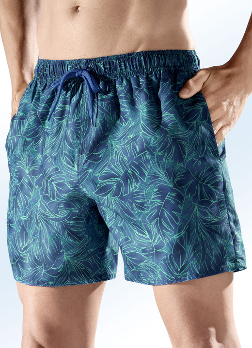 Badeshorts - Badeshorts allover dessiniert, Microfaser, in Größe 005 bis 014, in Farbe BLAU-GRÜN