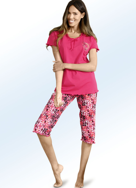 Nachtwäsche - Pyjama mit Satinband und kurzen Ärmeln, in Größe 036 bis 054, in Farbe PINK-BUNT