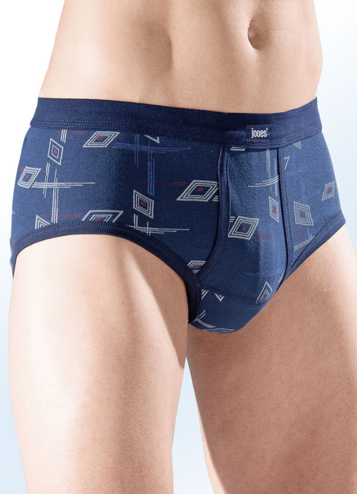 - Viererpack Slips aus Feinripp, mit Eingriff, allover dessiniert, in Größe 005 bis 010, in Farbe 2X MARINE-BUNT, 2X JEANSBLAU MELIERT-BUNT