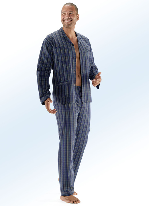 Pyjamas - Pyjama, durchgeknöpft mit Reverskragen und Taschen, in Größe 046 bis 060, in Farbe SCHWARZ-BUNT