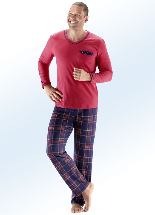 Pyjamas - Pyjama mit V-Ausschnitt und aufgesetzter Brusttasche, in Größe 046 bis 060, in Farbe ROT-MARINE-BUNT
