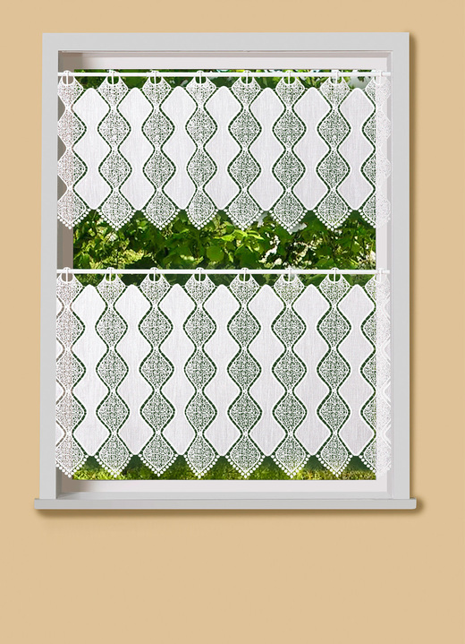 Kurzgardinen - Kurzstore aus edler Macramé-Spitze, in Größe 749 (H38xB125 cm) bis 865 (H60xB222 cm), in Farbe WEISS Ansicht 1