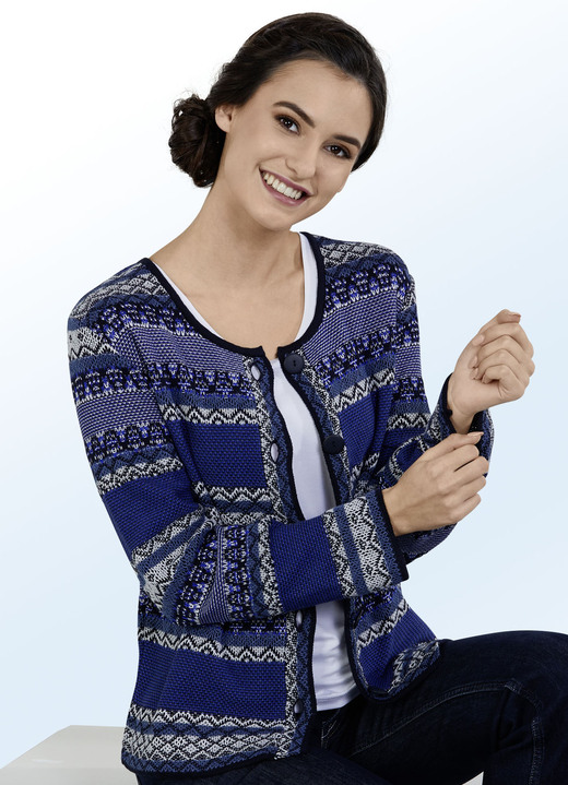 - Strickjacke in modischem Streifendessin mit Mustermix, in Größe 038 bis 052, in Farbe MARINE-BLAU-MULTICOLOR