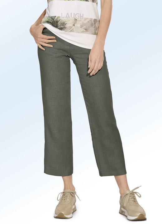 Hosen mit Knopf- und Reissverschluss - Hochwertige Leinen-Hose, in Größe 019 bis 052, in Farbe OLIV
