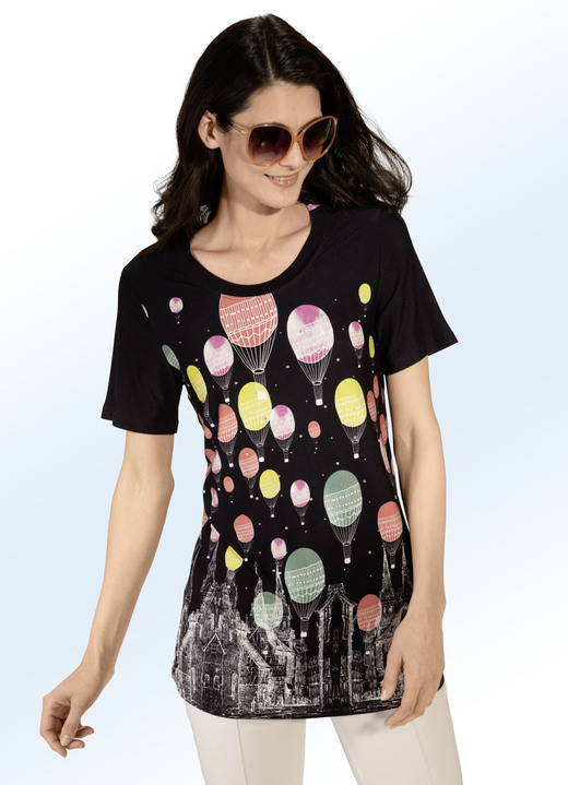 Kurzarm - Longshirt mit Strasszier im Vorderteil, in Größe 038 bis 054, in Farbe SCHWARZ-BUNT