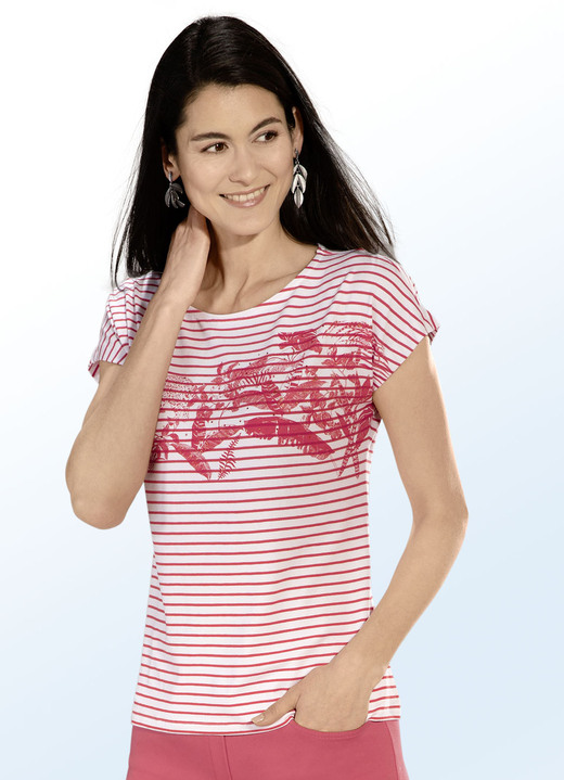 Kurzarm - Shirt mit Kontrast-Motiv, in Größe 036 bis 050, in Farbe WEISS-KORALLE Ansicht 1