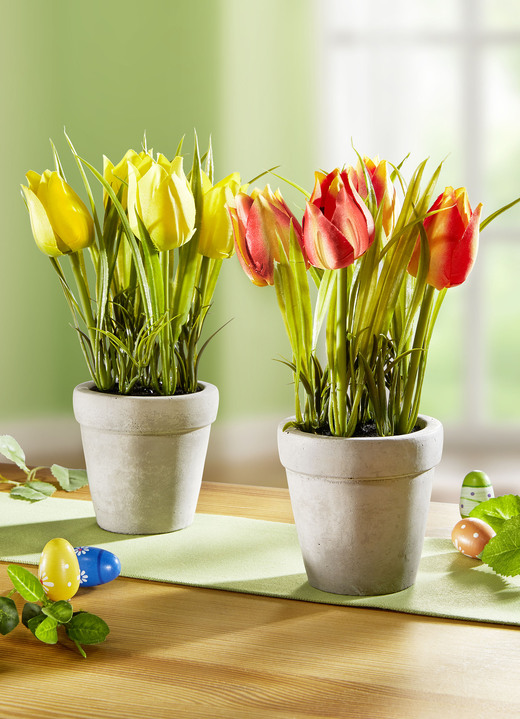 Kunst- & Textilpflanzen - Tulpen im Zementtopf, 2er-Set, in Farbe GELB-ORANGE