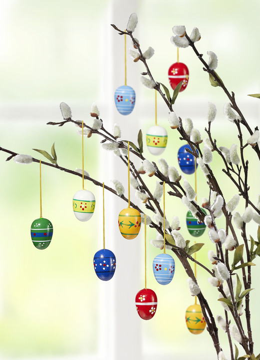 Oster-Dekorationen - Holz-Eier mit frühlingshaftem Motiv, 12er-Set, in Farbe BUNT