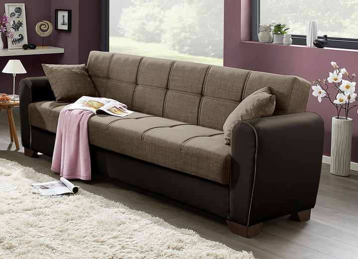 Polstergruppen - Polstermöbel mit Bettfunktion und Bettkasten, in Farbe BRAUN-BEIGE, in Ausführung Dreisitzer Ansicht 1