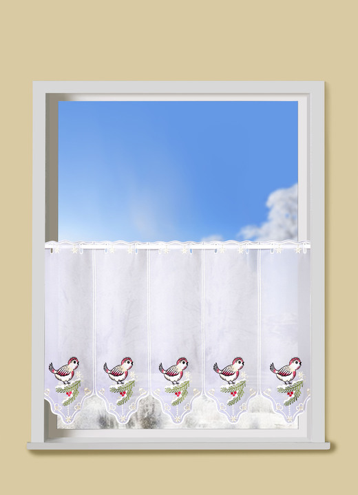 Kurzgardinen - Bezaubernder Kurzstore mit echter Plauener Stickerei , in Größe 661 (H30xB 95 cm) bis 829 (H50xB160 cm), in Farbe WEISS-BUNT