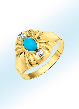 Besonderer Damenring mit Türkis, beh. und 2 Diamanten