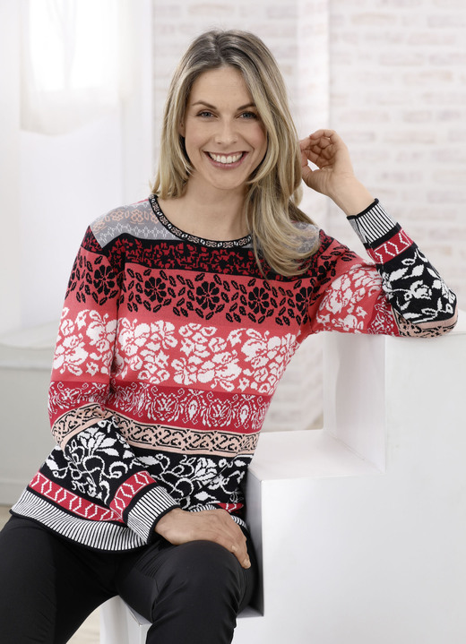 - Pullover im Jacquardmuster, in Größe 038 bis 052, in Farbe ROT-SCHWARZ-MULTICOLOR