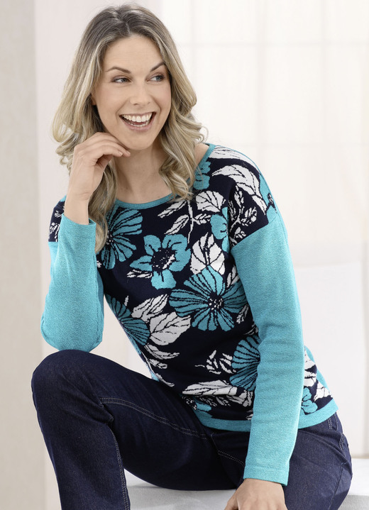 Langarm - Pullover mit Jacquard-Dessin, in Größe 038 bis 054, in Farbe PETROL MELIERT-MARINE-ECRU