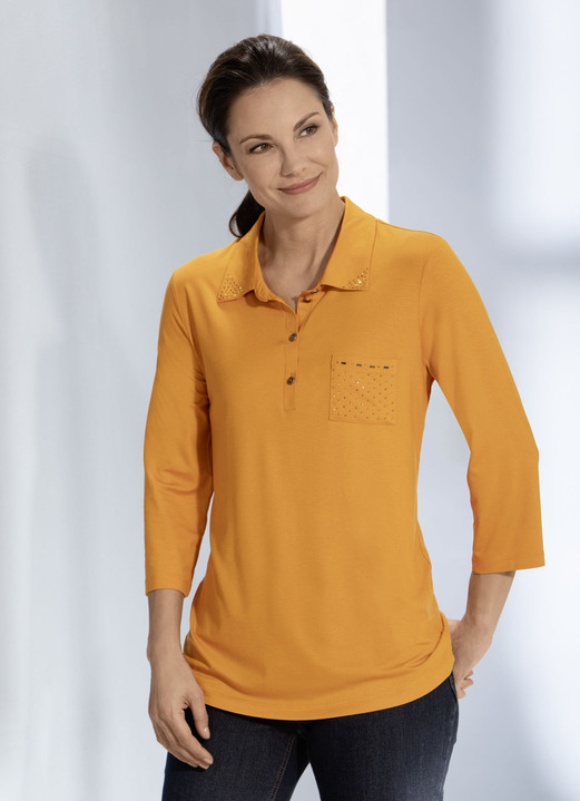 Shirts - Poloshirt mit Strasszier am Polokragen in 3 Farben, in Größe 036 bis 052, in Farbe MANDARINE Ansicht 1