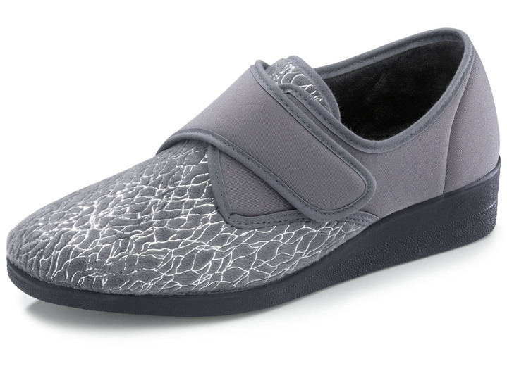 Hausschuhe - Laurina, klassische Damen-Klettschuhe, mit elastischem Samt, in Größe 036 bis 042, in Farbe GRAU Ansicht 1