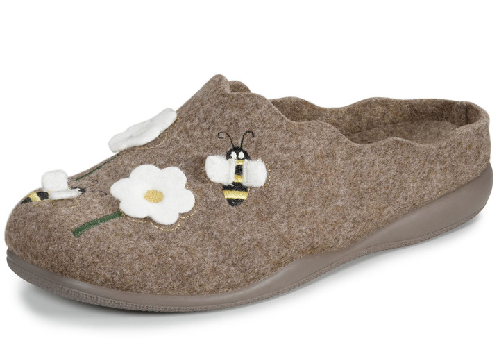 - Laurina Filz-Pantoffel mit süsser Applikation und Stickerei, in Größe 036 bis 042, in Farbe NATURBRAUN Ansicht 1