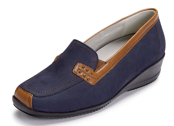 Slipper & Schnürschuhe - Waldläufer, bequeme Damen-Slipper, Weite H, mit herausnehmbarem Fussbett, in Größe 3 1/2 bis 8, in Farbe MARINE-COGNAC Ansicht 1