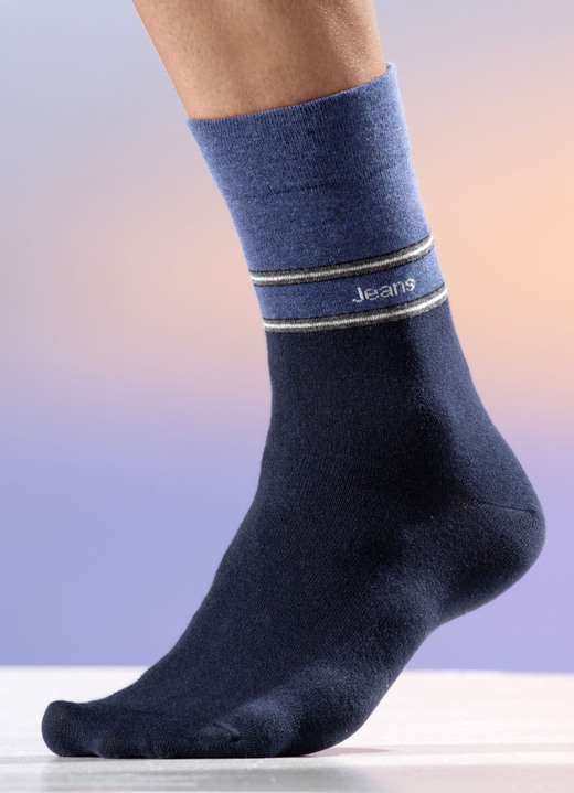 Strümpfe - Fünferpack Socken mit druckfreiem Bund, in Größe 001 (Schuhgröße 39-42) bis 2 (Schuhgröße 43-46), in Farbe 3X MARINE-JEANSBLAU, 2X JEANSBLAU-MARINE Ansicht 1