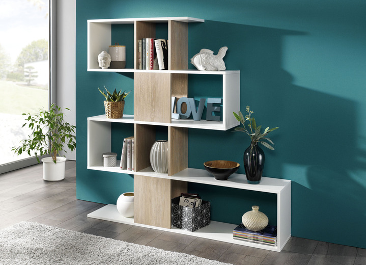 - Innovatives Standregal mit grossen Fächern und 5 Ebenen, in Farbe WEISS-EICHE