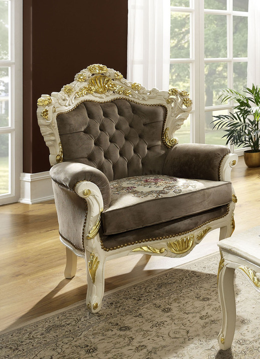 Polstergruppen - Schmuckvolle Wohnzimmermöbel mit weiss-goldfarbener Lackierung, in Farbe WEISS-GOLD, in Ausführung Sessel