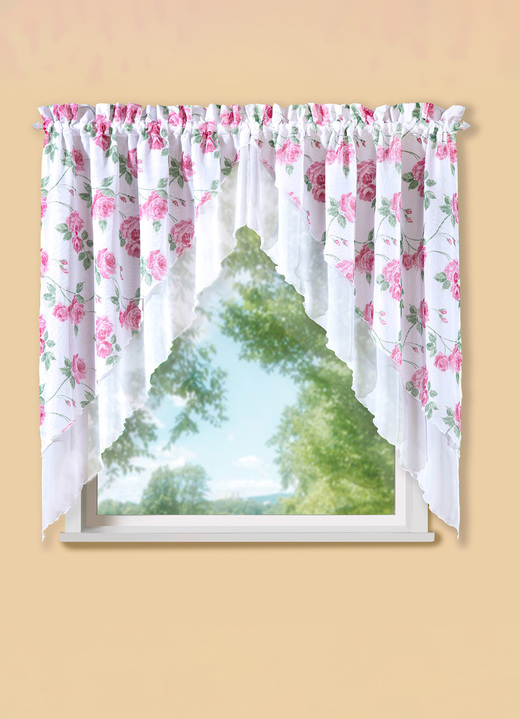 Kurzgardinen - 2-teiliger Fensterbehang mit Rosenmotiv, in Größe 878 (80x80 cm) bis 892 (145x120 cm), in Farbe WEISS-ROSE Ansicht 1