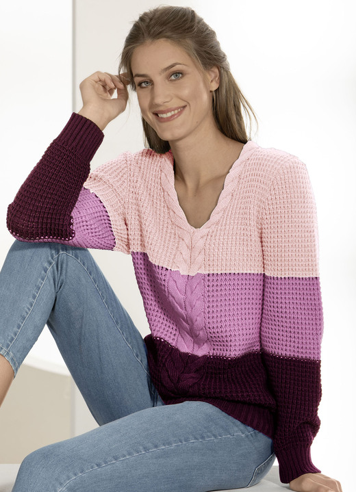 Langarm - Pullover in Color-Blocking, in Größe 036 bis 052, in Farbe ROSA-ROSÉ-BORDEAUX Ansicht 1