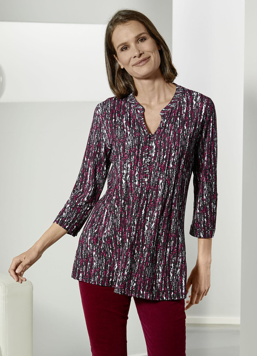 Blusen & Tuniken - Shirt-Tunika hübscher Fältelung, in Größe 036 bis 054, in Farbe KORALLE-ROT-BUNT Ansicht 1