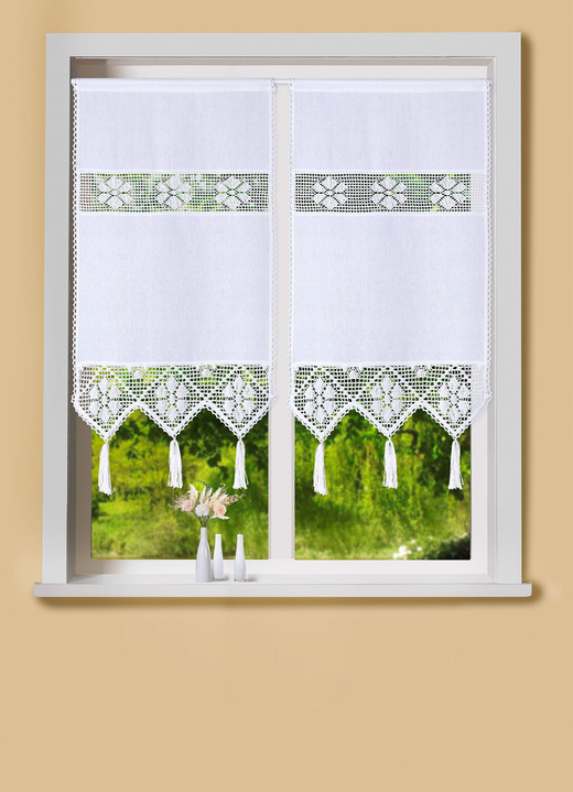 Klassisch - Fenster- und Türbehang mit Häkeleinsätzen, in Größe 307 (Fensterbehang, 60x40 cm) bis 349 (Türbehang, 175x90 cm), in Farbe WEISS Ansicht 1